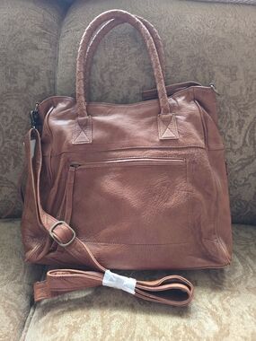 DAY&MOOD Brown Tote Handbag Braided Handles Zip Top Detachable Strap, Pockets